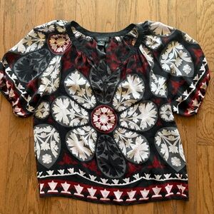 Karen Kane blouse black, white, red floral mandala print short sleeves silk XL